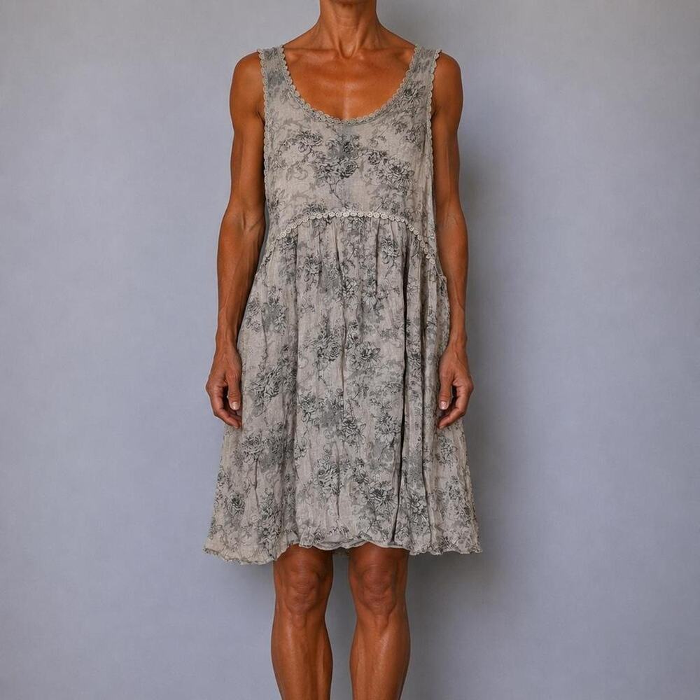 Vintage Grey Beige Floral Linen Blend Cottage Lace Trim Babydoll Dress Size M